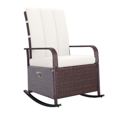 Outsunny Outdoor Rattan Wicker Rocking Chair Patio Recliner Soft Cushion Adjustable Footrest Max. 135 Degree Backrest Cream Image 1