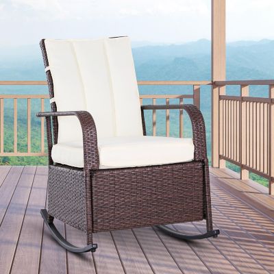 Outsunny Outdoor Rattan Wicker Rocking Chair Patio Recliner Soft Cushion Adjustable Footrest Max. 135 Degree Backrest Cream Image 2