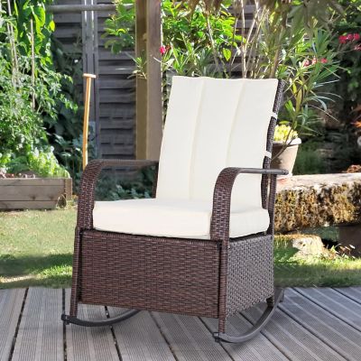 Outsunny Outdoor Rattan Wicker Rocking Chair Patio Recliner Soft Cushion Adjustable Footrest Max. 135 Degree Backrest Cream Image 3