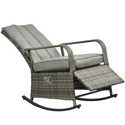 Outsunny Outdoor Rattan Wicker Rocking Chair Patio Recliner Soft Cushion Adjustable Footrest Max. 135 Degree Backrest Grey Image 1