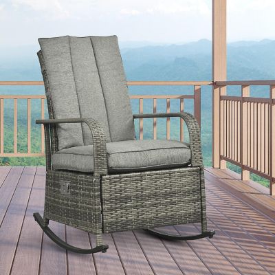Outsunny Outdoor Rattan Wicker Rocking Chair Patio Recliner Soft Cushion Adjustable Footrest Max. 135 Degree Backrest Grey Image 2