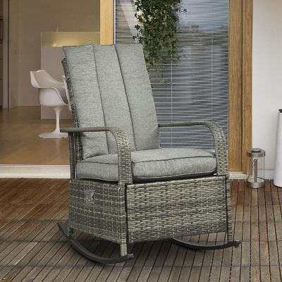 Outsunny Outdoor Rattan Wicker Rocking Chair Patio Recliner Soft Cushion Adjustable Footrest Max. 135 Degree Backrest Grey Image 3