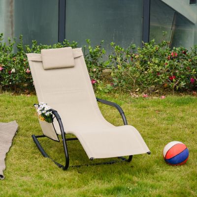 Outsunny Outdoor Rocking Recliner Sling Sun Lounger Removable Headrest and Side Pocket for Garden Patio and Deck Cream White Image 1
