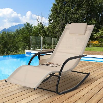 Outsunny Outdoor Rocking Recliner Sling Sun Lounger Removable Headrest and Side Pocket for Garden Patio and Deck Cream White Image 3