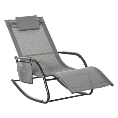 Outsunny Outdoor Rocking Recliner Sling Sun Lounger Removable Headrest and Side Pocket for Garden Patio and Deck Grey Image 1