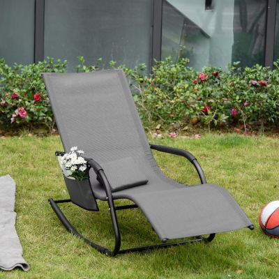 Outsunny Outdoor Rocking Recliner Sling Sun Lounger Removable Headrest and Side Pocket for Garden Patio and Deck Grey Image 1