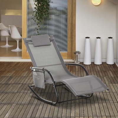 Outsunny Outdoor Rocking Recliner Sling Sun Lounger Removable Headrest and Side Pocket for Garden Patio and Deck Grey Image 3