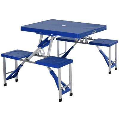 Outsunny Portable Foldable Camping Picnic Table Set Four Chairs and Umbrella Hole 4 Seats Aluminum Fold Up Travel Picnic Table Blue Image 1
