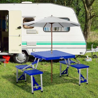 Outsunny Portable Foldable Camping Picnic Table Set Four Chairs and Umbrella Hole 4 Seats Aluminum Fold Up Travel Picnic Table Blue Image 2