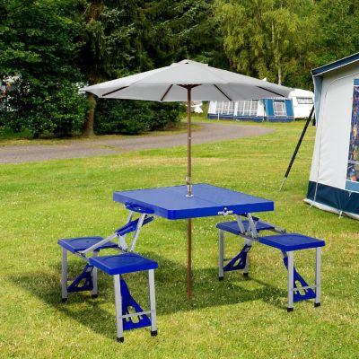 Outsunny Portable Foldable Camping Picnic Table Set Four Chairs and Umbrella Hole 4 Seats Aluminum Fold Up Travel Picnic Table Blue Image 3