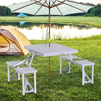 Outsunny Portable Foldable Camping Picnic Table Set Four Chairs and Umbrella Hole 4 Seats Aluminum Fold Up Travel Picnic Table Grey Image 1