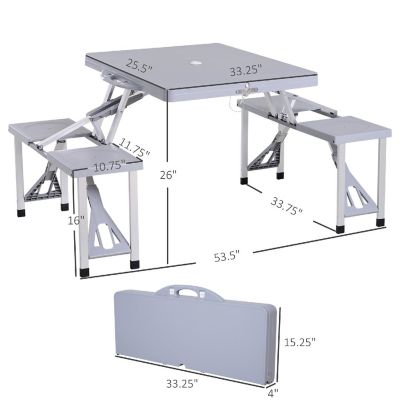 Outsunny Portable Foldable Camping Picnic Table Set Four Chairs and Umbrella Hole 4 Seats Aluminum Fold Up Travel Picnic Table Grey Image 2