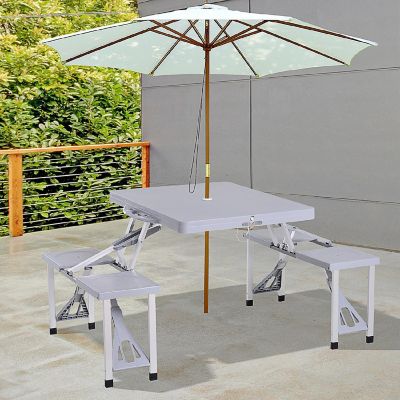 Outsunny Portable Foldable Camping Picnic Table Set Four Chairs and Umbrella Hole 4 Seats Aluminum Fold Up Travel Picnic Table Grey Image 3