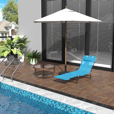 Outsunny Portable Sun Lounger Folding Chaise Lounge Chair w/ Adjustable Backrest and Pillow for Beach Poolside and Patio Blue and Black Image 1