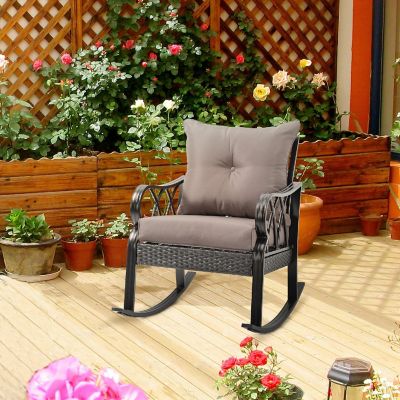 Outsunny Rattan Wicker Rocking Chair Padded Cushions Aluminum Frame Armrest for Garden Patio and Backyard Grey Image 2