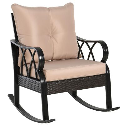 Outsunny Rattan Wicker Rocking Chair Padded Cushions Aluminum Frame Armrest for Garden Patio and Backyard Khaki Image 1
