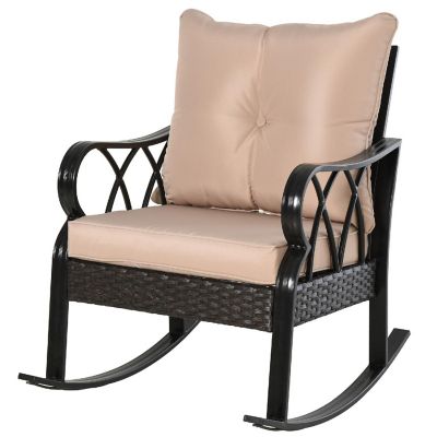 Outsunny Rattan Wicker Rocking Chair Padded Cushions Aluminum Frame Armrest for Garden Patio and Backyard Khaki Image 1