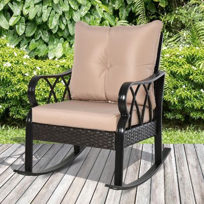 Outsunny Rattan Wicker Rocking Chair Padded Cushions Aluminum Frame Armrest for Garden Patio and Backyard Khaki Image 2