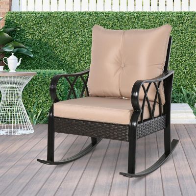 Outsunny Rattan Wicker Rocking Chair Padded Cushions Aluminum Frame Armrest for Garden Patio and Backyard Khaki Image 3
