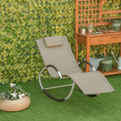 Outsunny Rocking Chair Patio Chaise Garden Sun Lounger Outdoor Reclining Rocker Lounge Chair Pillow for Lawn Patio or Pool Beige Image 2