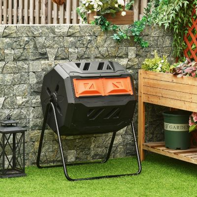 Outsunny Tumbling Compost Bin Outdoor 360 degree Dual Chamber Rotating Composter 43 Gallon Orange Image 2
