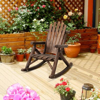 Outsunny Wooden Adirondack Rocking Chair Outdoor Rustic Log Rocker Slatted Design for Patio Black Image 3