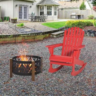 Outsunny Wooden Adirondack Rocking Chair Slatted Wooden Design Fanned Back and Classic Rustic Style Red Image 3