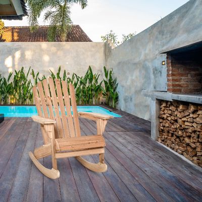 Outsunny Wooden Adirondack Rocking Chair Slatted Wooden Design Fanned Back and Classic Rustic Style Teak Image 3