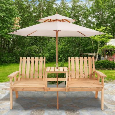 Outsunny Wooden Garden Bench Umbrella Hole and Middle Table Outdoor Loveseat Image 3