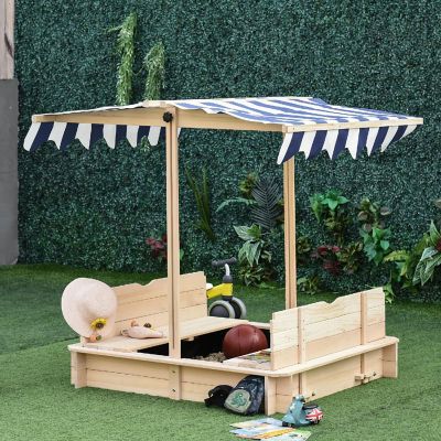 Outsunny Wooden Kids Sandbox w/ Cover Adjustable Canopy Convertible Bench Seat Bottom Liner Image 1