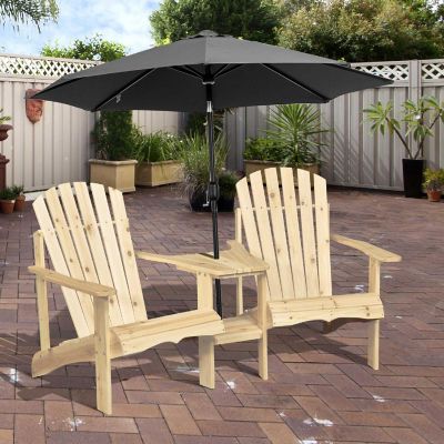 Outsunny Wooden Outdoor Double Adirondack Chairs Center Table and Umbrella Hole Perfect for Lounging and Relaxing Natural Image 1