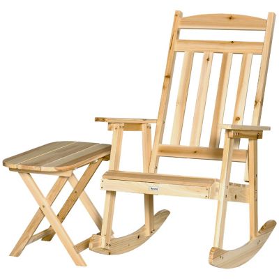 Outsunny Wooden Rocking Chair Set 2 Piece Outdoor Porch Rocker Foldable Table for Patio Backyard and Garden Natural Image 1