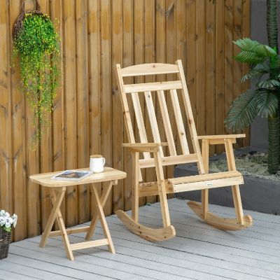 Outsunny Wooden Rocking Chair Set 2 Piece Outdoor Porch Rocker Foldable Table for Patio Backyard and Garden Natural Image 3