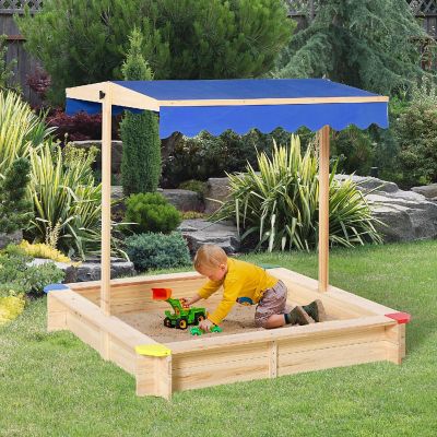 Outsunny Wooden Sandbox w/ Adjustable Canopy Children Outdoor Playset Weather Resistant 47" L x 47" W x 47" H Natural and Blue Image 1