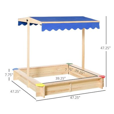 Outsunny Wooden Sandbox w/ Adjustable Canopy Children Outdoor Playset Weather Resistant 47" L x 47" W x 47" H Natural and Blue Image 2