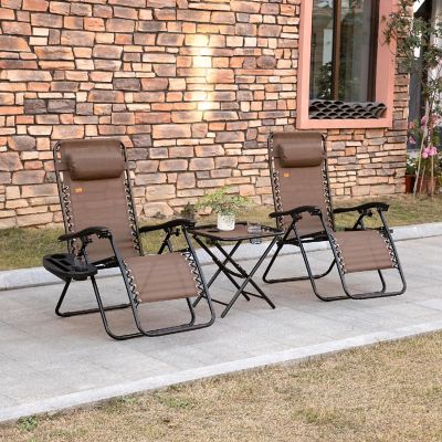 Grey Camping Foot Massager and Headrest for Poolside Cup Holder Folding Reclining Patio Chair with Side Table Outsunny Zero Gravity Lounger Chair Set of 3 