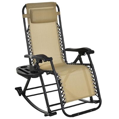 Outsunny Zero Gravity Reclining Lounge Chair Patio Folding Rocker w/ Side Tray Slot Backrest Pillow Cup Phone Holder Beige Image 1