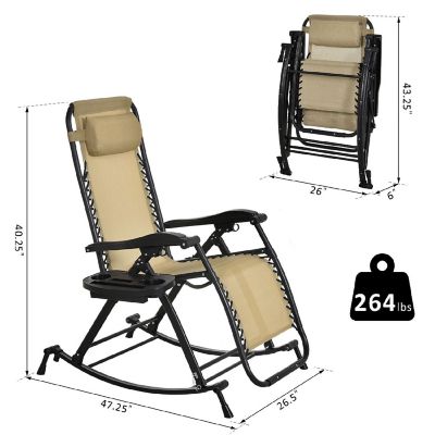 Outsunny Zero Gravity Reclining Lounge Chair Patio Folding Rocker w/ Side Tray Slot Backrest Pillow Cup Phone Holder Beige Image 2