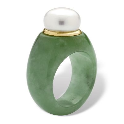PalmBeach Jewelry 10K Yellow Gold Round Genuine Cultured Freshwater Pearl and Genuine Green Jade Ring Sizes 6-10 Size 7 Image 1