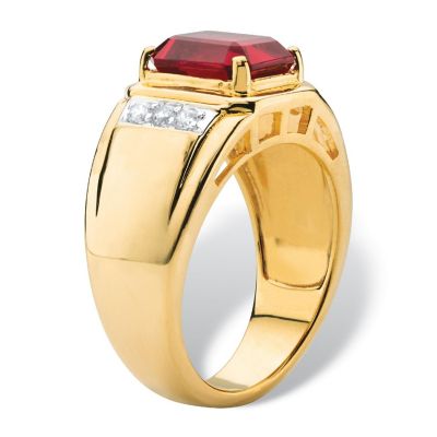 PalmBeach Jewelry Men's 18K Yellow Gold Plated Cushion Cut Red Genuine Garnet Round Genuine Diamond Ring (1/5 cttw, I Color, I3 Clarity) Size 10 Image 1