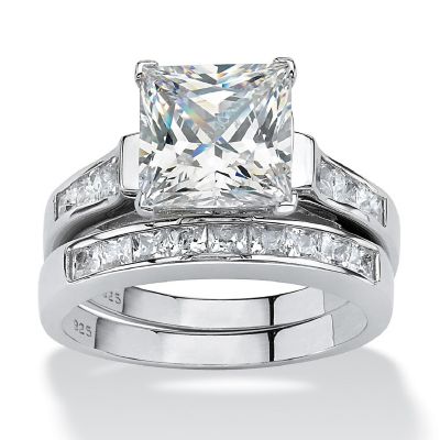 PalmBeach Jewelry Platinum-plated Sterling Silver Princess Cut Cubic Zirconia Bridal Ring Set Sizes 5-10 Size 6 Image 1