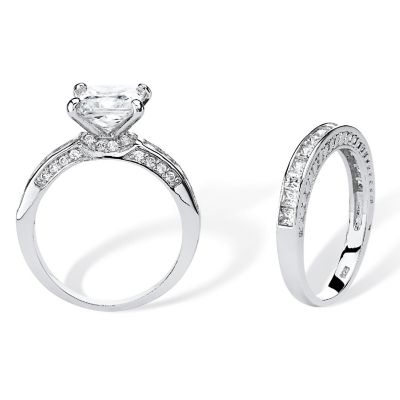 PalmBeach Jewelry Platinum-plated Sterling Silver Princess Cut Cubic Zirconia Bridal Ring Set Sizes 6-10 Size 7 Image 1