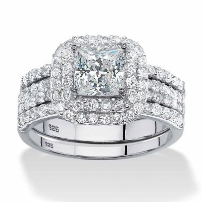 PalmBeach Jewelry Platinum-plated Sterling Silver Princess Cut Cubic Zirconia Halo 3 Piece Bridal Ring Set Sizes 5-10 Size 10 Image 1