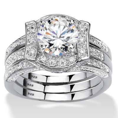 PalmBeach Jewelry Platinum-plated Sterling Silver Round Cubic Zirconia Jacket Bridal Ring Set Sizes 5-10 Size 10 Image 1