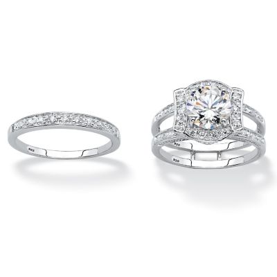 PalmBeach Jewelry Platinum-plated Sterling Silver Round Cubic Zirconia Jacket Bridal Ring Set Sizes 5-10 Size 10 Image 3