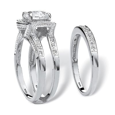 PalmBeach Jewelry Platinum-plated Sterling Silver Round Cubic Zirconia Jacket Bridal Ring Set Sizes 5-10 Size 5 Image 1