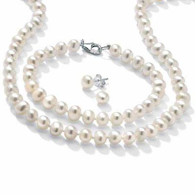 PalmBeach Jewelry Sterling Silver Genuine Cultured Freshwater Pearl Necklace, Bracelet and Earring Set, Lobster Claw Clasp, 18 inches Size Image 1