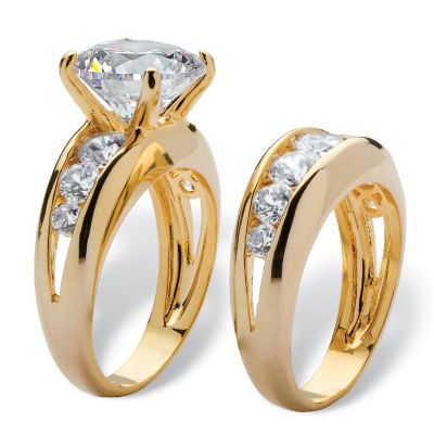 PalmBeach Jewelry Yellow Gold-plated Round Cubic Zirconia Channel Set Bridal Ring Set Sizes 6-10 Size 7 Image 1