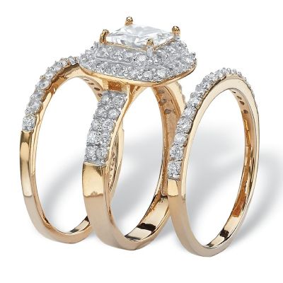 PalmBeach Jewelry Yellow Gold-plated Sterling Silver Princess Cut Cubic Zirconia Halo Bridal Ring Set Sizes 6-10 Size 6 Image 1