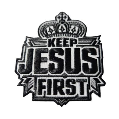 Patch Party Club &amp;#8482; Size 4", Black &amp; White, Keep Jesus First, Iron-on Embroidered Patch Image 1
